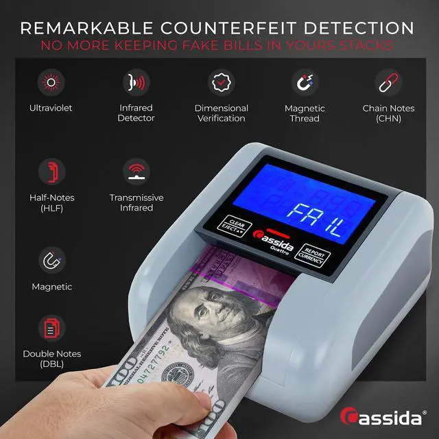 Alt view image 10 of 13 - Cassida Quattro  4-Way Counterfeit Detector - Infrared; Magnetic Strip Detection - Magnetic Thread Security - UV Light - U.S. Currency