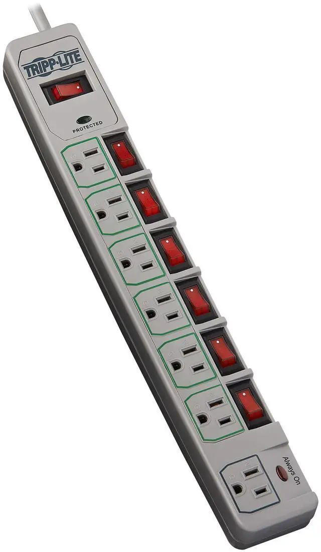 Main image of 7-Outlet Surge Protector Power Strip with 6 Individually Controlled Switches, 6 Foot / 1.83M Cord, Lifetime Limited Warranty & $25,000 Insurance (TLP76MSG)