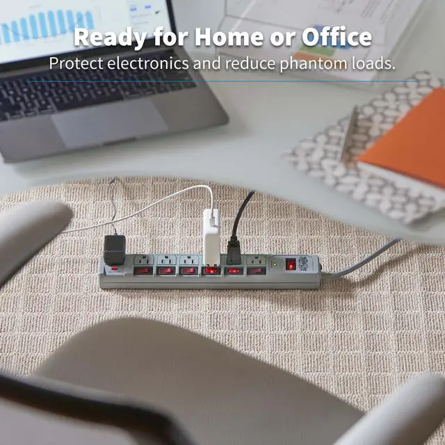 Alt view image 2 of 7 - 7-Outlet Surge Protector Power Strip with 6 Individually Controlled Switches, 6 Foot / 1.83M Cord, Lifetime Limited Warranty & $25,000 Insurance (TLP76MSG)
