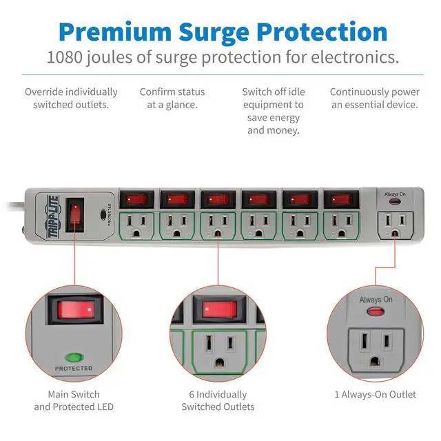 Alt view image 3 of 7 - 7-Outlet Surge Protector Power Strip with 6 Individually Controlled Switches, 6 Foot / 1.83M Cord, Lifetime Limited Warranty & $25,000 Insurance (TLP76MSG)