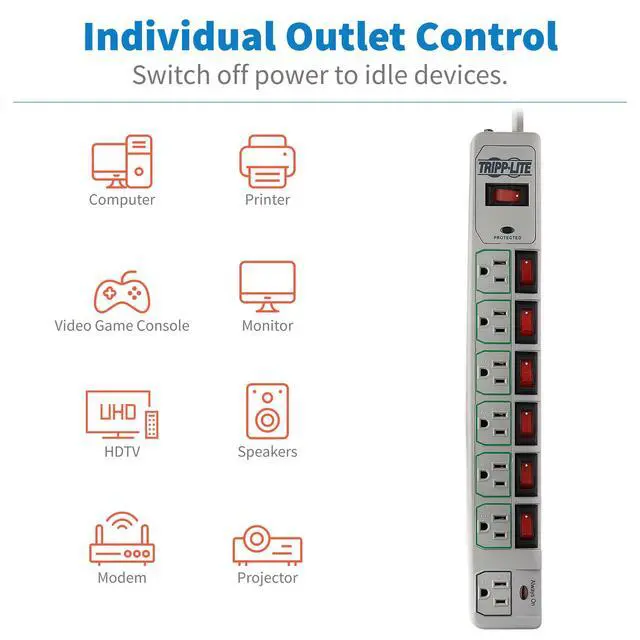 Alt view image 5 of 7 - 7-Outlet Surge Protector Power Strip with 6 Individually Controlled Switches, 6 Foot / 1.83M Cord, Lifetime Limited Warranty & $25,000 Insurance (TLP76MSG)