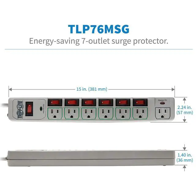 Alt view image 6 of 7 - 7-Outlet Surge Protector Power Strip with 6 Individually Controlled Switches, 6 Foot / 1.83M Cord, Lifetime Limited Warranty & $25,000 Insurance (TLP76MSG)
