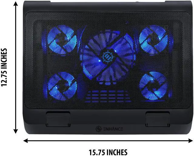 Alt view image 7 of 7 - ENHANCE Gaming Laptop Cooling Pad Stand with LED Cooler Fans , Adjustable Height , & Dual USB Port for 17 inch Laptops - 5 Ultra Quiet High Performance Fans 2630 RPM & Built-In Bumpers - Blue