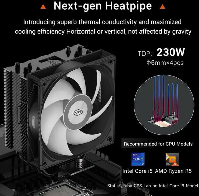 Alt view image 2 of 7 - PCCOOLER CPS ARGB CPU Cooler, RT400 ARGB 4 Heat Pipes, 120mm PWM Fan, 235W TDP, Quiet Cooling, Universal for Intel LGA 115X/1200/1700/1851 & AMD AM4/AM5