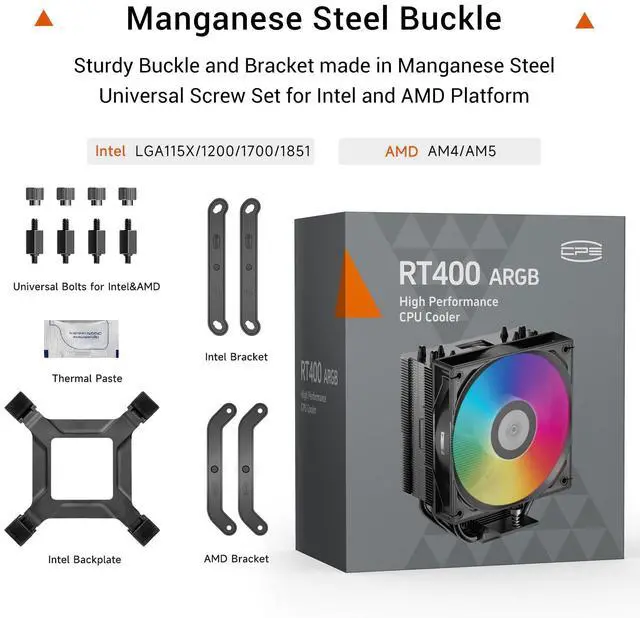 Alt view image 7 of 7 - PCCOOLER CPS ARGB CPU Cooler, RT400 ARGB 4 Heat Pipes, 120mm PWM Fan, 235W TDP, Quiet Cooling, Universal for Intel LGA 115X/1200/1700/1851 & AMD AM4/AM5