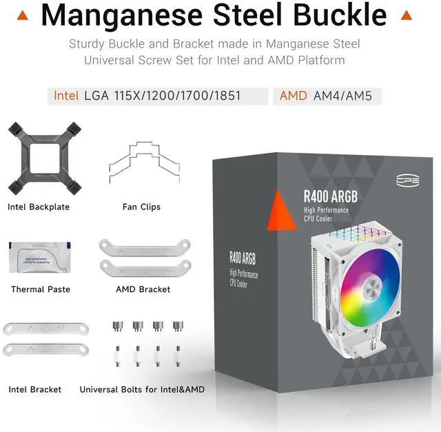 Alt view image 14 of 14 - PCCOOLER CPS R400 ARGB CPU Air Cooler, 4 Direct Contact Heat Pipes, 180W TDP, ARGB Top Cover, 133mm Tall, 92mm PWM Slient ARGB Fan, for Intel LGA 1851/1700/1200/115X & AMD AM5/AM4, White