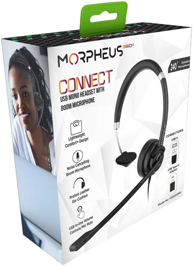 Alt view image 15 of 15 - Morpheus 360 Connect USB Mono Headset with Boom Microphone - Noise Cancelling - Reversible Design - Protein Leather Ear Cushion - in-Line Volume Controls - Mute Button - Black - HS5200MU