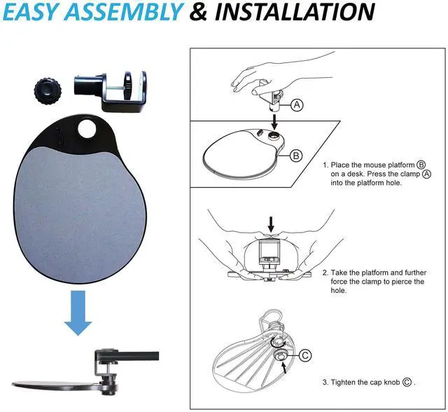 Alt view image 5 of 8 - Aidata UM003B Mouse Platform Under Desk, Sturdy Metal Clamp Fits Onto Desks Up To 40mm/1.57", Platform Rotates 360 Degrees To Hide Mouse Under The Desk, Built-in Cable Clip Keeps Mouse In Place, Black