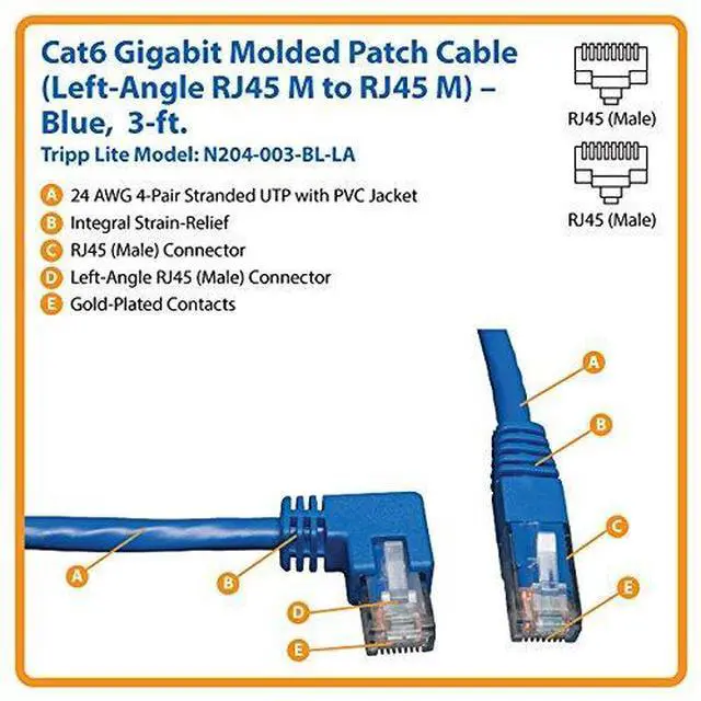 Alt view image 4 of 4 - Tripp Lite Cat6 Gigabit Molded Patch Cable (RJ45 Left Angle M to RJ45 M) Blue, 3-ft.(N204-003-BL-LA)