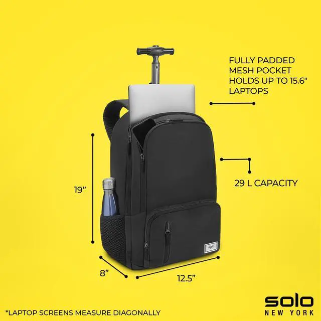 Alt view image 3 of 6 - Solo New York Rolling Backpack with Wheels - Roller Bag for Women & Men, Carry On Size for Travel, Wheeled Bookbag for Work, Fits 15.6" Laptops - Bleeker, Black