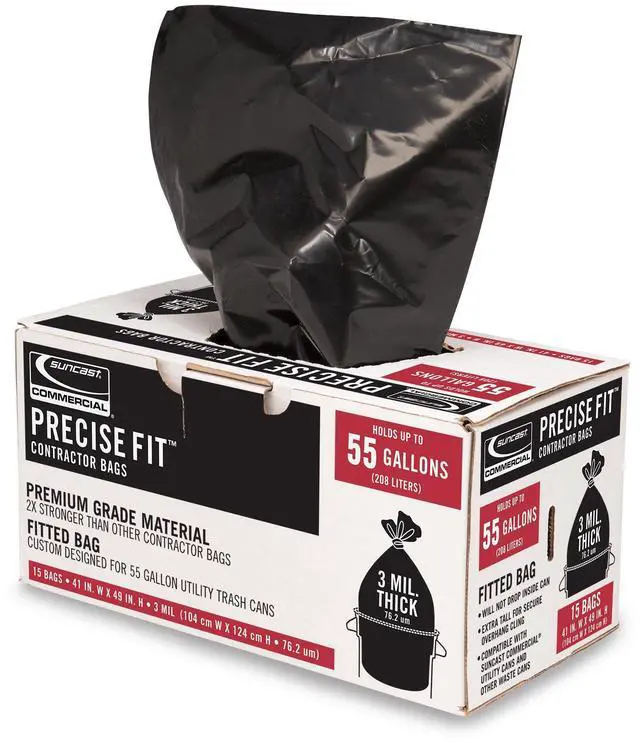 Main image of Suncast Commercial Extra Tall Precise Fit Contractor Trash Bags, 55 Gallon Capacity, 3 Mil Heavy-Duty Thickness, Compatible with Suncast 55 Gallon Trash Cans (Box of 15), Made in The USA