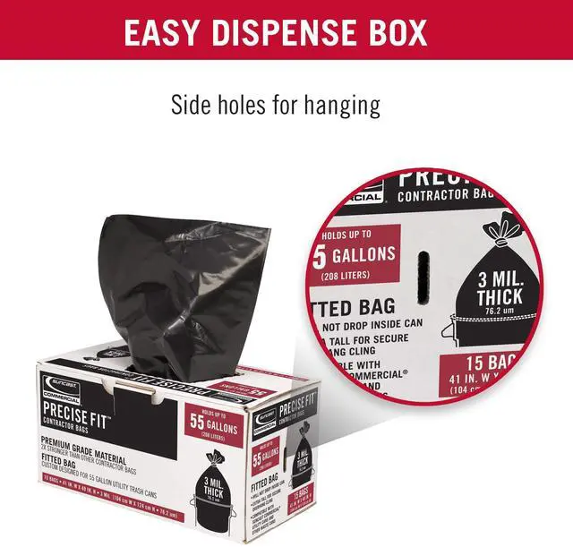 Alt view image 6 of 7 - Suncast Commercial Extra Tall Precise Fit Contractor Trash Bags, 55 Gallon Capacity, 3 Mil Heavy-Duty Thickness, Compatible with Suncast 55 Gallon Trash Cans (Box of 15), Made in The USA