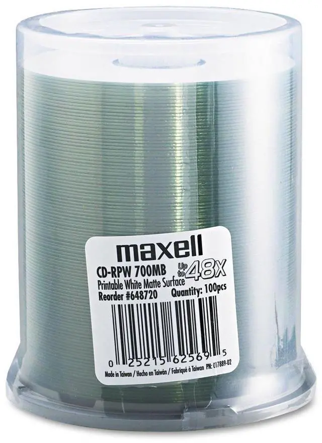 Main image of Maxell Cd-R Printable Recordable Disc, 700 Mb/80 Min, 48x, Spindle, Matte White, 100/pack