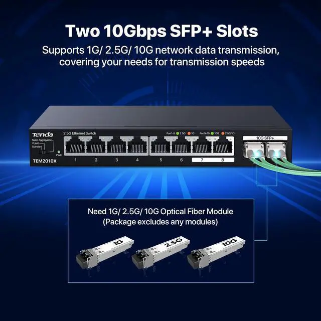 Alt view image 18 of 20 - Tenda Tem2010X 8 Port 2.5G Ethernet Switch Support Vlan & Static Link Aggregation Unmanaged 2.5Gb Switch With 8 X 2.5G Ports & 2 X 10Gb Sfp Slots 80Gbps Switching Capacity Fanless Metal Design