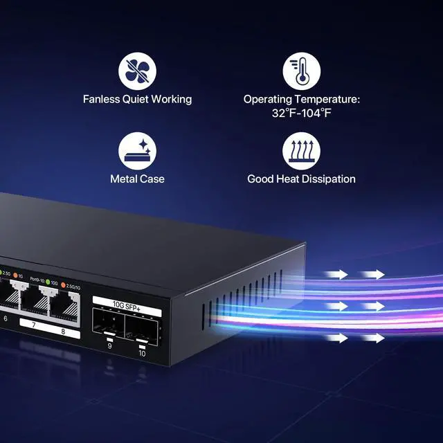 Alt view image 20 of 20 - Tenda Tem2010X 8 Port 2.5G Ethernet Switch Support Vlan & Static Link Aggregation Unmanaged 2.5Gb Switch With 8 X 2.5G Ports & 2 X 10Gb Sfp Slots 80Gbps Switching Capacity Fanless Metal Design