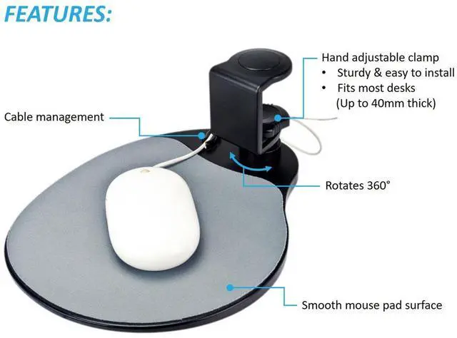 Alt view image 4 of 8 - Aidata UM003B Mouse Platform Under Desk, Sturdy Metal Clamp Fits Onto Desks Up To 40mm/1.57", Platform Rotates 360 Degrees To Hide Mouse Under The Desk, Built-in Cable Clip Keeps Mouse In Place, Black