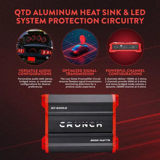 Alt view image 14 of 18 - Crunch Ground Pounder 2 X 500 @ 4 Ohms 2 X 1000 @ 2 Ohms 1 X 2000 Watts @ 4 Ohms Bridged