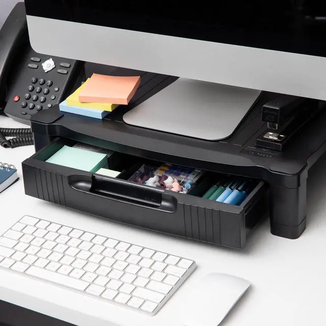 Alt view image 5 of 6 - Mind Reader Monitor Stand, Storage Drawer, Desktop Organizer, Laptop Riser, Office, 17.25"L x 13.25"W x 4"H, Black