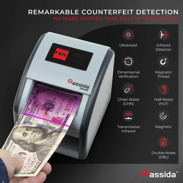 Alt view image 4 of 7 - Cassida Omni-ID 2-in-1 Currency Counterfeit Detector with UV Identification Verification Lights Bill Checker with Infrared, Magnetic and Ultraviolet Sensors - Easy to Read PASS/FAIL Display