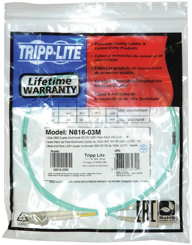 Alt view image 3 of 3 - Tripp Lite 10Gb Duplex Multimode 50/125 OM3 LSZH Fiber Patch Cable (LC/SC) - Aqua, 3M (10-ft.)(N816-03M)
