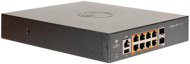 Main image of Cambium Networks cnMatrix EX1010-P Switch - 20 Gbps Throughput - 8 Ethernet PoE+ Enabled Ports @ 75W - 2 SFP Fiber Uplink Ports - 512 MB DRAM - 128 MB Flash Storage (No Power Cord, US)- MX-EX1010PxA-1