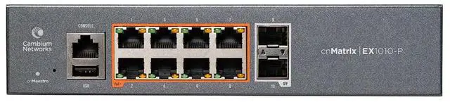 Alt view image 2 of 5 - Cambium Networks cnMatrix EX1010-P Switch - 20 Gbps Throughput - 8 Ethernet PoE+ Enabled Ports @ 75W - 2 SFP Fiber Uplink Ports - 512 MB DRAM - 128 MB Flash Storage (No Power Cord, US)- MX-EX1010PxA-1