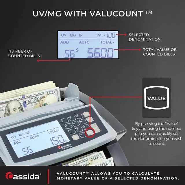 Alt view image 15 of 18 - Cassida 5520UV/MG Cash Counter - 1,300 Bills/min - 9.7 x 11.5 x 7.5 - Gray