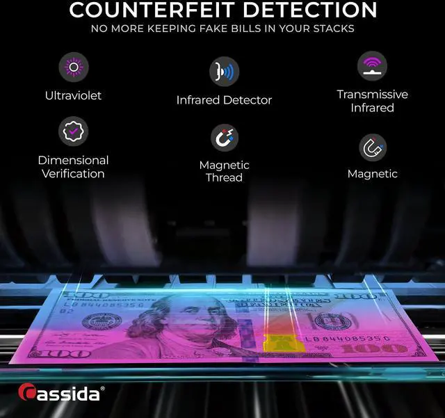 Alt view image 16 of 18 - Cassida 5520UV/MG Cash Counter - 1,300 Bills/min - 9.7 x 11.5 x 7.5 - Gray