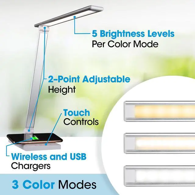 Alt view image 5 of 10 - OttLite CSDQA02W-SHPR Wellness Series Entice LED Desk Lamp with Wireless Charging - Silver Arm - 11" to 22" High - White