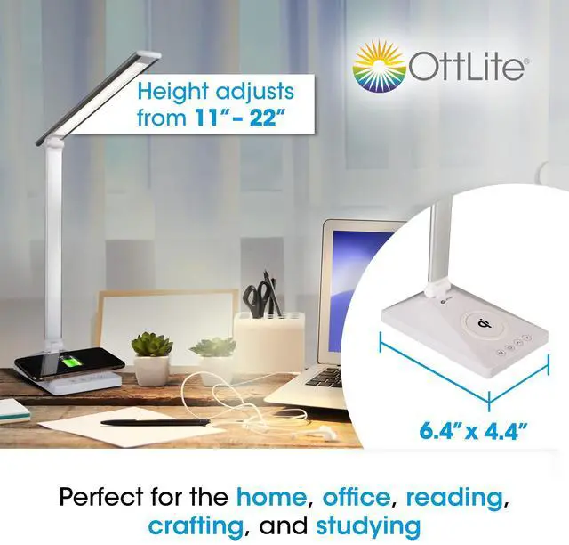 Alt view image 8 of 10 - OttLite CSDQA02W-SHPR Wellness Series Entice LED Desk Lamp with Wireless Charging - Silver Arm - 11" to 22" High - White