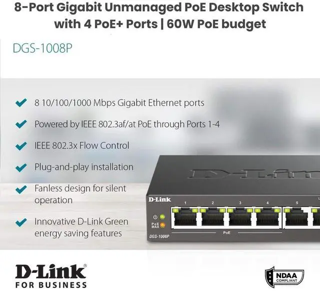 Alt view image 5 of 10 - D-Link DGS-1008P 8-Port Gigabit Unmanaged Desktop Switch w/ 4 PoE Ports