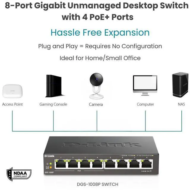 Alt view image 6 of 10 - D-Link DGS-1008P 8-Port Gigabit Unmanaged Desktop Switch w/ 4 PoE Ports