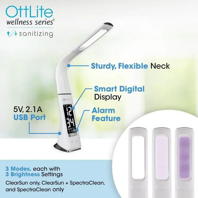 Alt view image 5 of 10 - OttLite Wellness Series® Sanitizing Thrive LED Desk Lamp with Clock