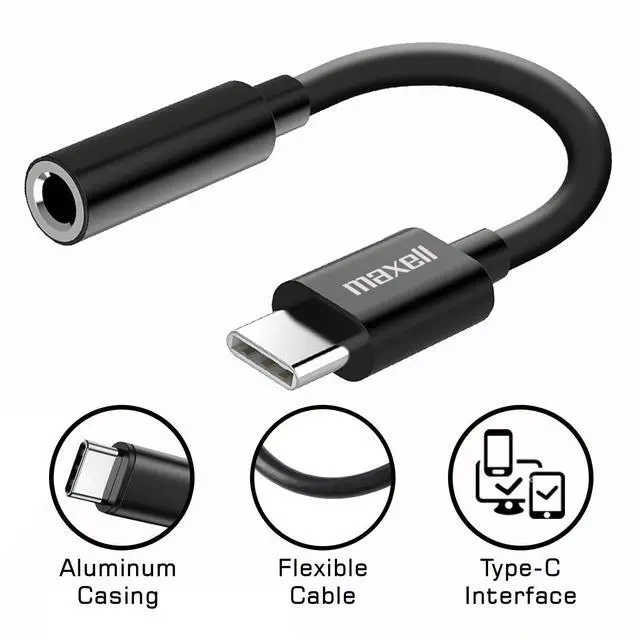 Alt view image 4 of 6 - Maxell Sync Up USB-C Headphone Adapter, 3.5mm Audio Jack to USB-C, Reversible, 197294, Black
