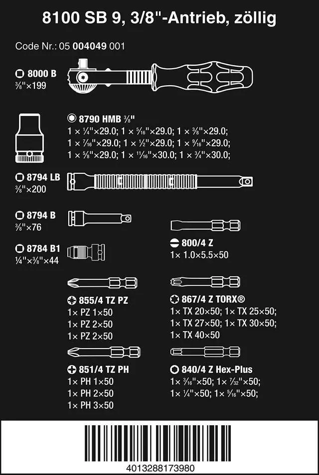 Alt view image 3 of 8 - Wera - 8100 Sb 9 Zyklop Speed Ratchet Set Imperial 3/8 (5004049001)