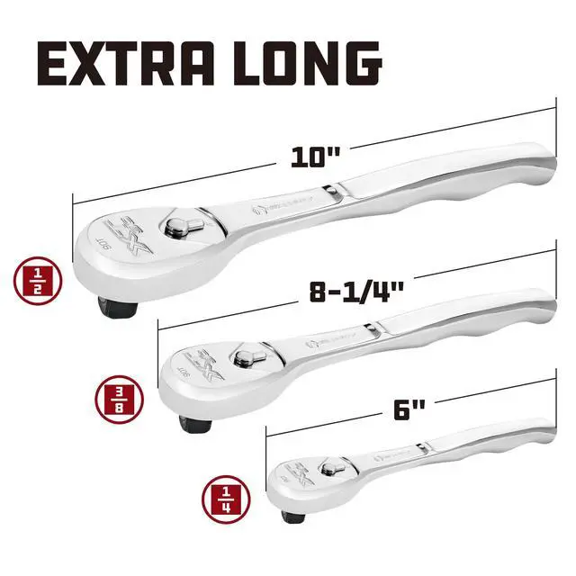 Alt view image 5 of 6 - Powerbuilt 1/2" Drive XT90 90 Tooth Professional Ratchet, Seal-Head Ratchet, Full-Polish, Long Handle - 649939, Silver