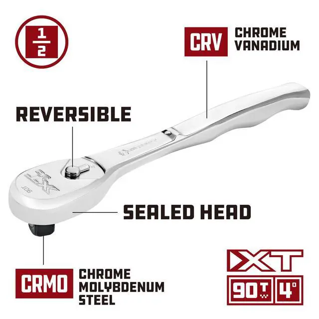 Alt view image 3 of 6 - Powerbuilt 1/2" Drive XT90 90 Tooth Professional Ratchet, Seal-Head Ratchet, Full-Polish, Long Handle - 649939, Silver