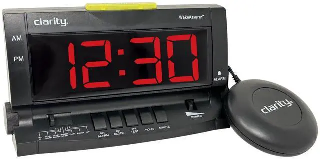 Main image of Clarity Wake Assure+ Desktop Alarm Clock with Vibrating Bed Shaker for Heavy Sleepers, Deaf, Hard of Hearing | Adjustable Volume from Silent to Extra Loud | Digital Bedroom Clock with Large Display