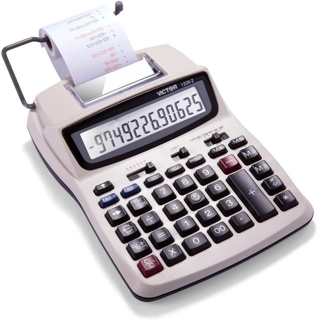 Main image of 12-Digit Compact Adding Machine Printing Calculator, White (1208-2) | Fast 2.3 Lines-Per-Second Ink Roller Printer with Cost, Sell and Margin Keys, 20% Recycled Plastic Enclosure