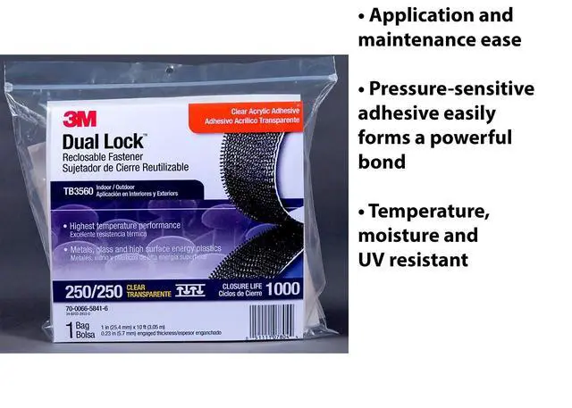 Alt view image 6 of 6 - 3M Dual Lock Reclosable Fasteners, Heavy Duty, Clear, TB3560/SJ3560, Type 250/250, 1 in x 10 ft, Mated Strip, Industrial Use, Indoor/Outdoor, Great for Metal, Glass, Acrylic, PC, ABS