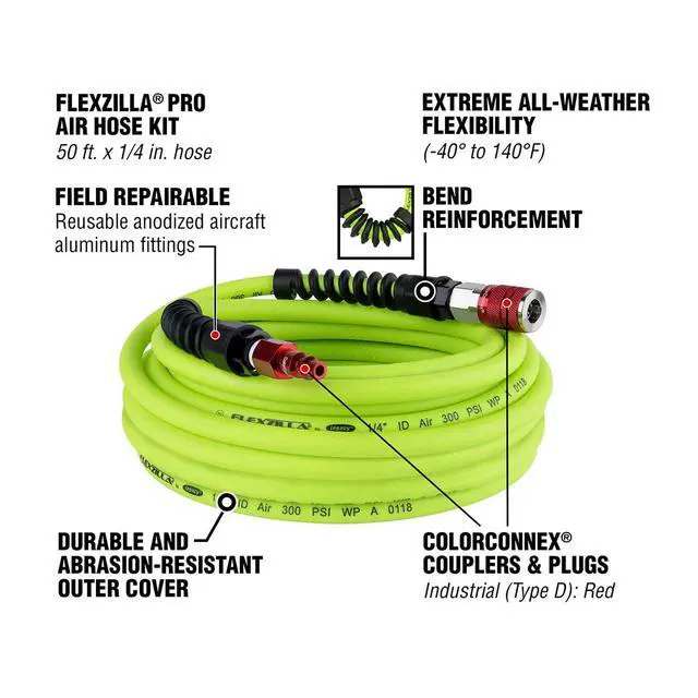 Alt view image 12 of 16 - FLEXZILLA HFZP1450YW2-D Flexzilla Pro Air Hose 1/4in x 50ft w/ ColorConnex Coupler Plug Type D Red