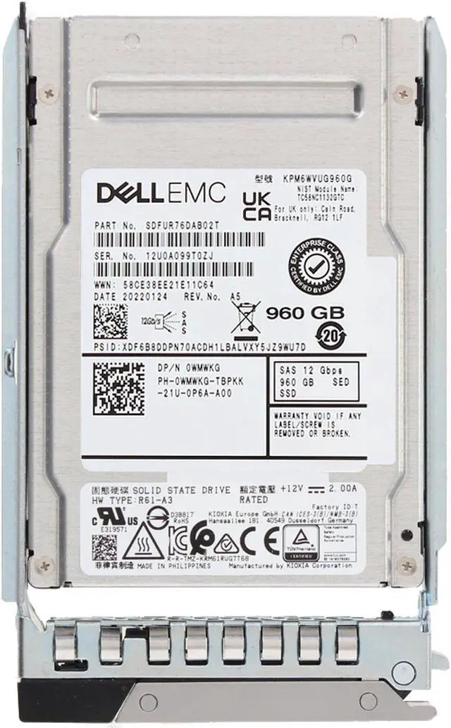 Alt view image 5 of 6 - Dell 960GB 12/24Gbps SAS MU TLC SED FIPS 2.5 SSD KPM6WVUG960G (WMWKG)