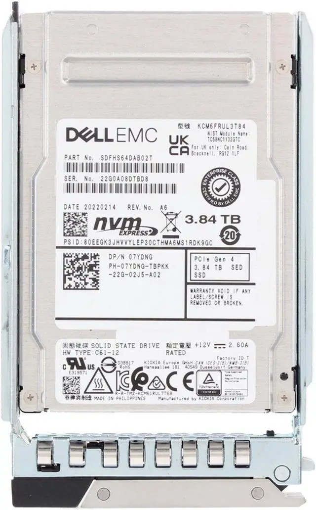 Alt view image 5 of 5 - 7YDNG-CDN Dell 3.84TB Enterprise NVMe Gen4 RI SED FIPS TLC 2.5 SSD CM6-R