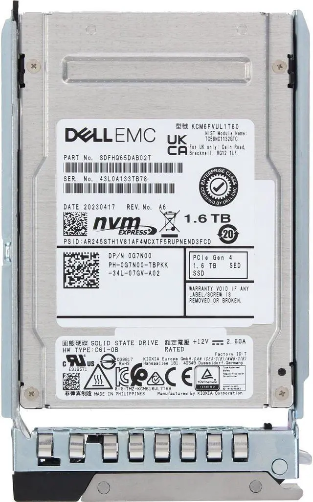 Alt view image 5 of 5 - Dell 1.6TB PCIe Gen4 NVMe MU TLC SED FIPS 2.5 SSD KCM6FVUL1T60 (G7N00)