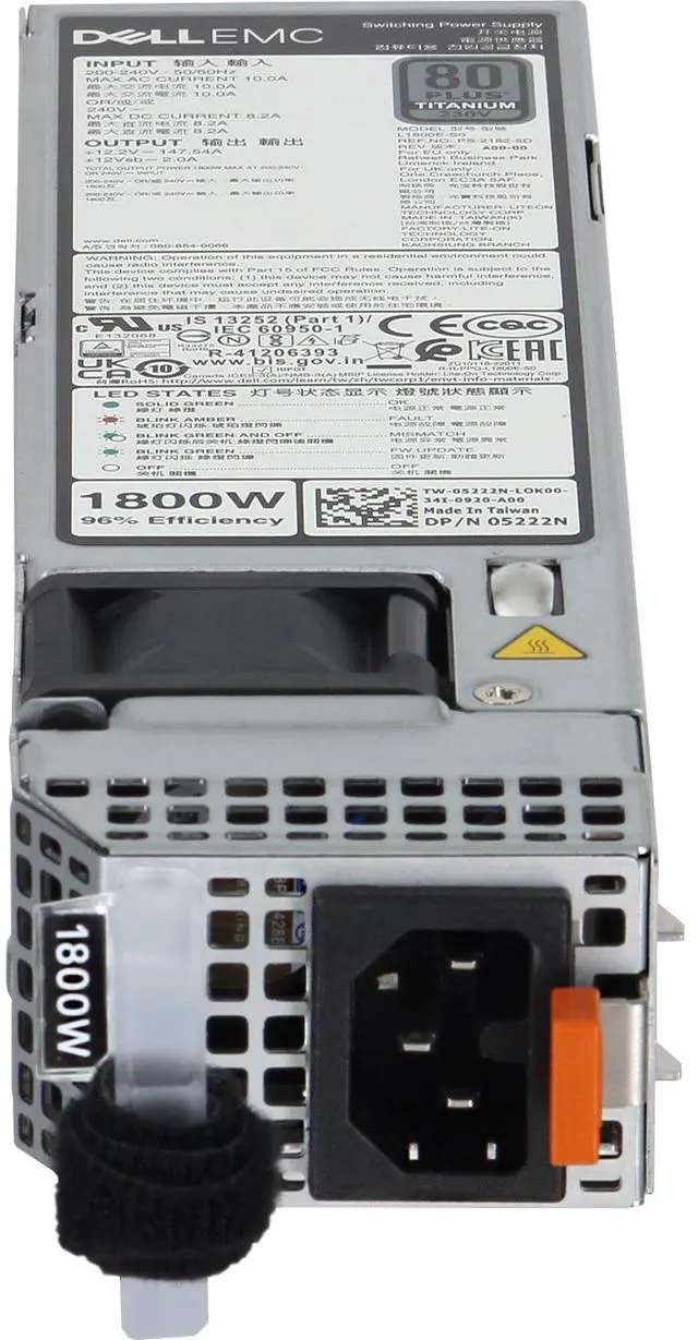 Alt view image 2 of 5 - Dell 15G/16G 1800W 80+ Titanium 60mm HLAC PSU (200-240V ONLY) (5222N)