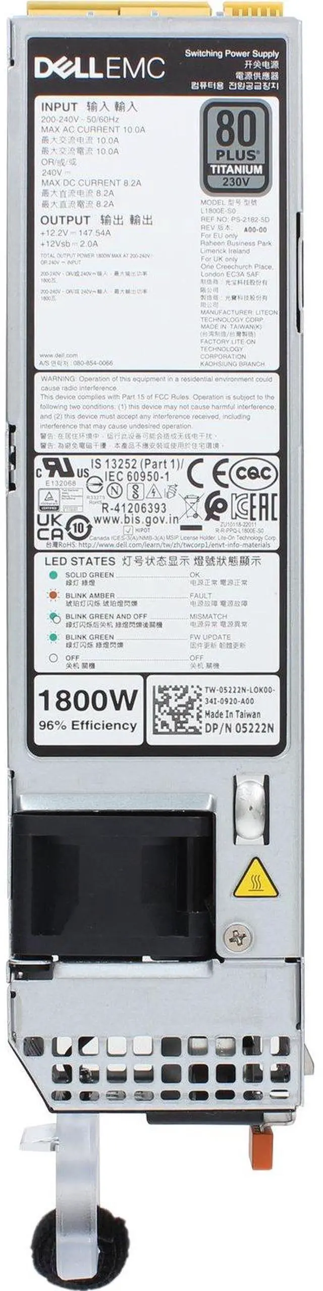 Alt view image 5 of 5 - Dell 15G/16G 1800W 80+ Titanium 60mm HLAC PSU (200-240V ONLY) (5222N)