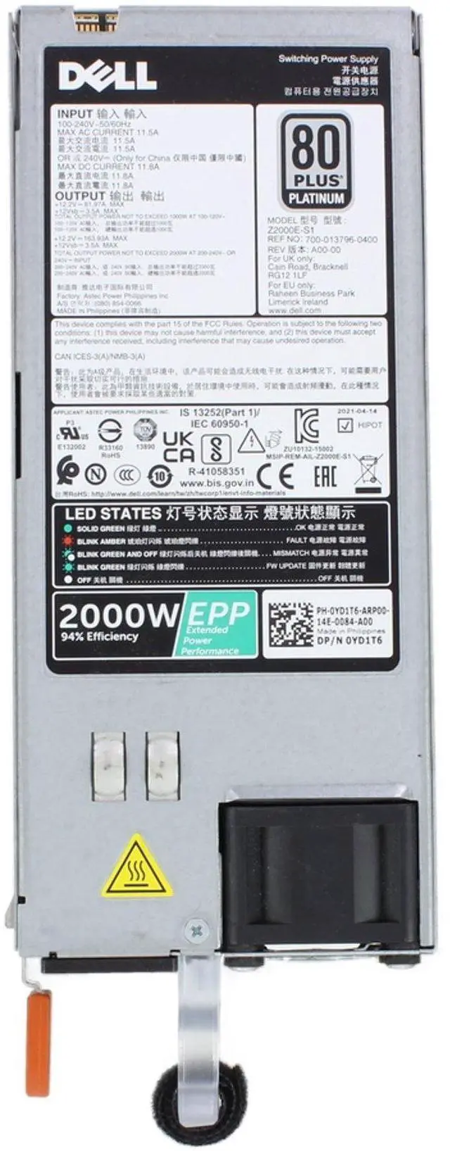 Alt view image 5 of 6 - Dell 2000W EPP 80+ Platinum PSU (C19) (YD1T6)