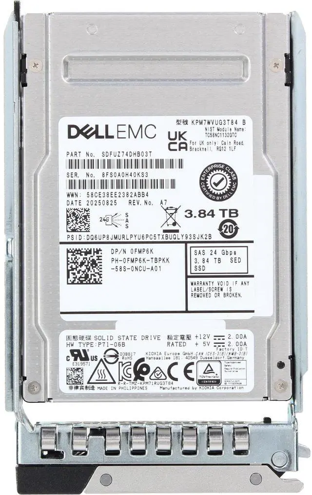 Alt view image 5 of 5 - Dell 3.84TB 24Gbps SAS MU TLC SED FIPS 2.5 SSD KPM7WVUG3T84 (FMP6K-CD1)