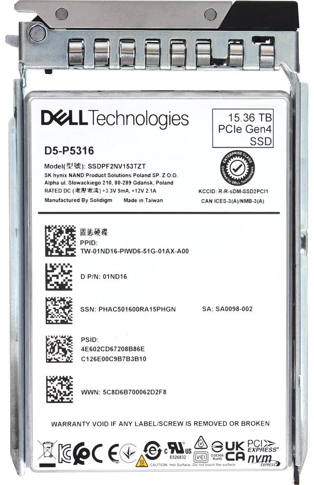 Alt view image 5 of 5 - 1ND16-CD1 Dell 15.36TB Enterprise NVMe Gen4 RI QLC 2.5 SSD D5-P5316