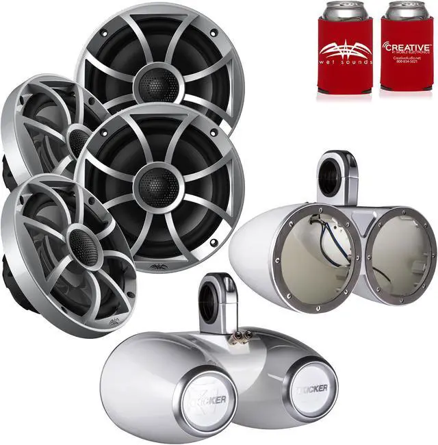 Main image of Wet Sounds 2-Pair OE-65ic-S 6.5" OEM Replacement Speakers W/ Silver Grill + Kicker 12KMTEDW 6.5" White Tower Pods